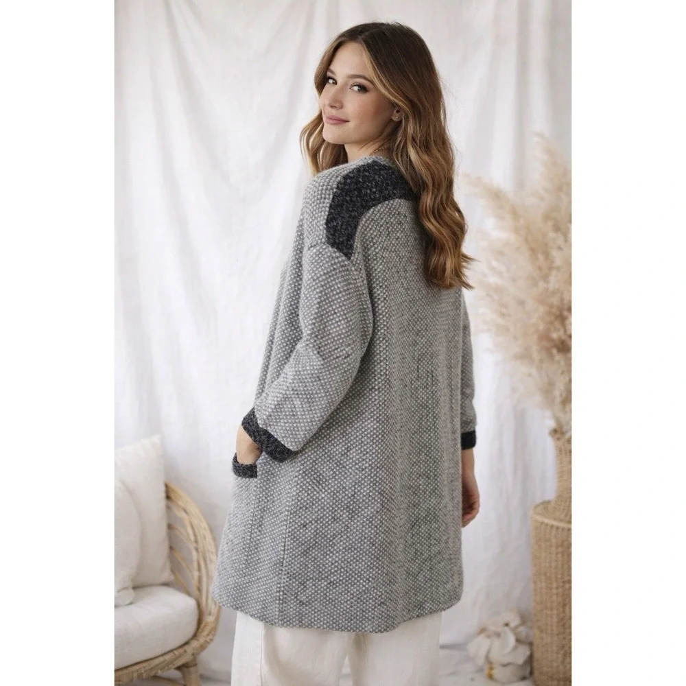 White Stuff Gray Textured Open Front Cardigan Sweater
